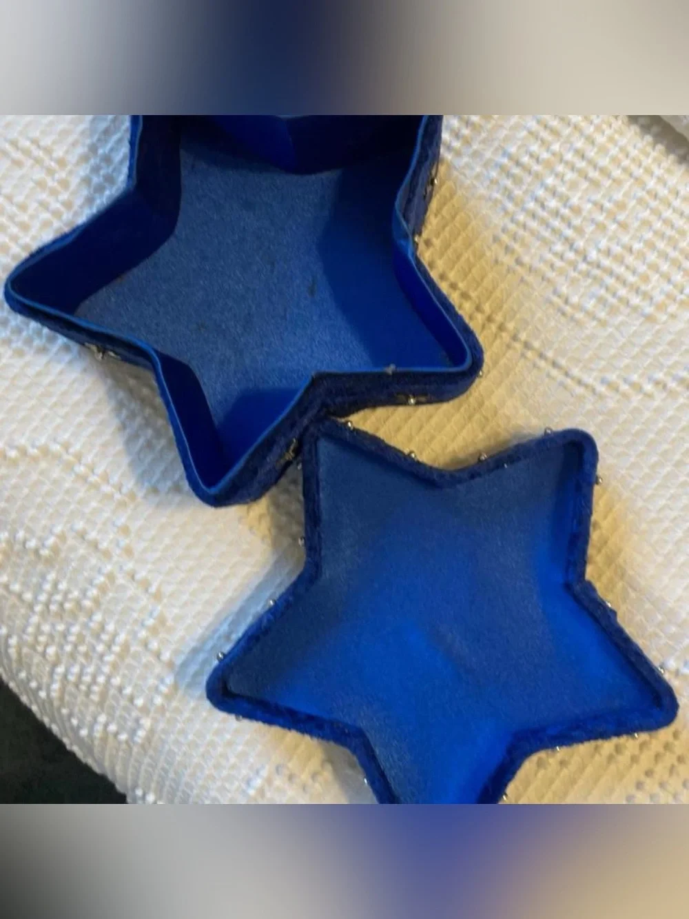 Vintage Blue Velvet Beaded Star Snowflake Lidded Box China Made Silver Winter
